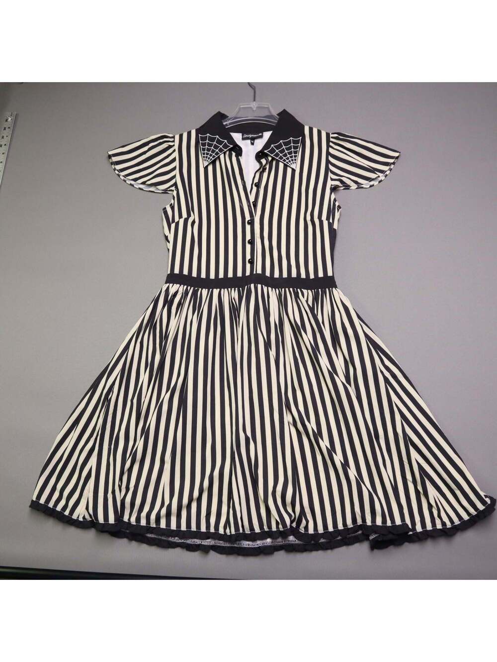 Sourpuss Womens Medium Black White Stripe Spiderweb Embroidered Collar Dress M